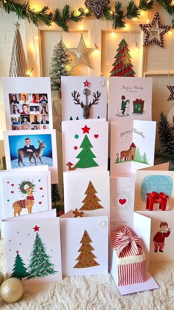 A collection of creative handmade Christmas cards with various designs on a festive table.